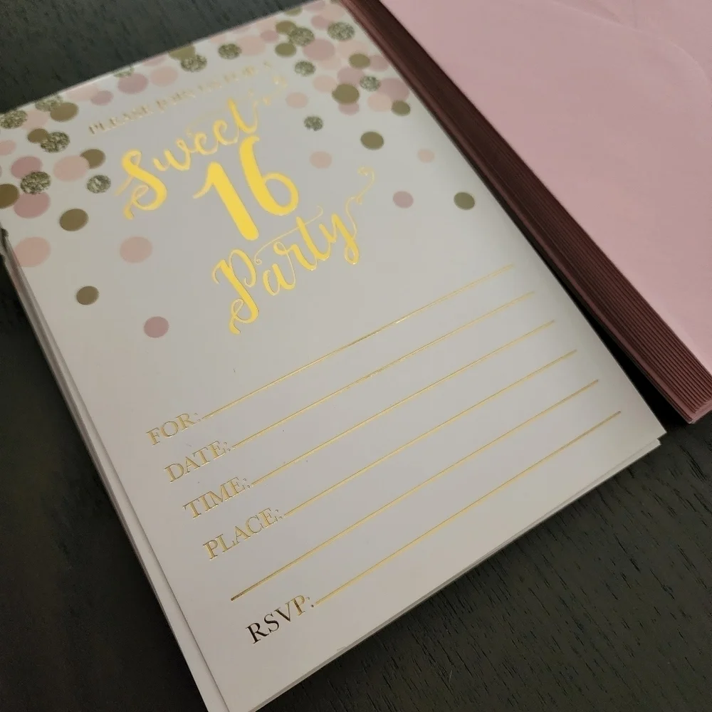 Sweet 16 birthday party invitations pink and gold (18 invitations/19 envelopes)